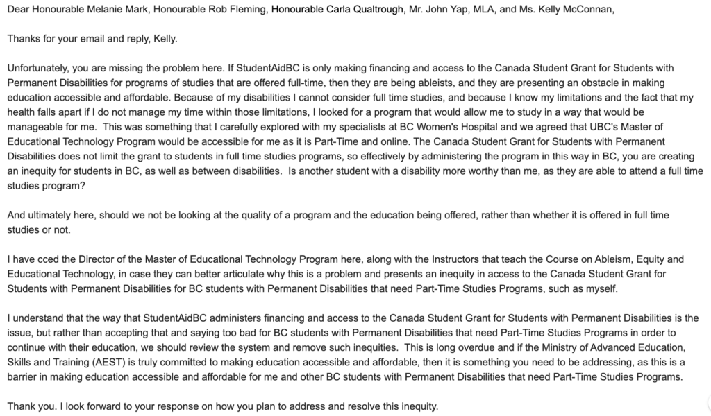Erica's follow up letter to Ministry Officials regarding inequities in the administration of the Canada Student Grant for Students with Permanent Disabilities in BC.