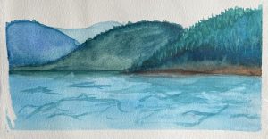 Watercolour painting of BC Coast in blues and greens.
