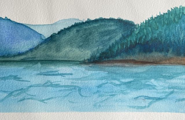 Watercolour painting of BC Coast in blues and greens.