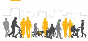 A mixed community of people of different colours, genders, and ages - together and alone; walking, in wheelchairs, with walkers, pushing strollers, with guide dogs, with canes.