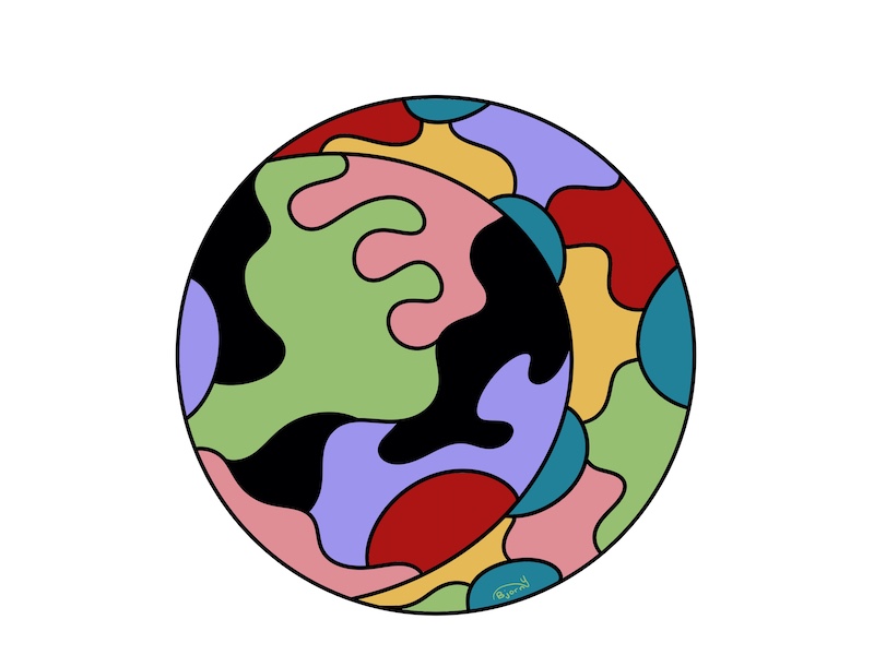 Digital drawing of a sphere containing shapes fitting together like puzzle pieces