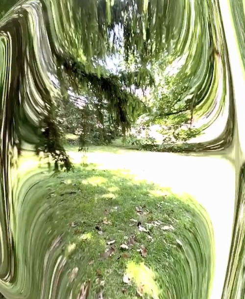 AR Art looking back at the gardens through the distortion of the augmented reality bubble created by Mel O’Callaghan's Pneuma.